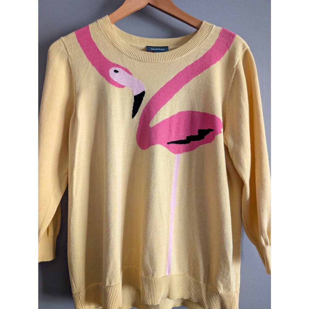 ModCloth Yellow Flamingo Knit Sweater XL Retro Whimsical Intarsia 3/4 Sleeve - Picture 4 of 15